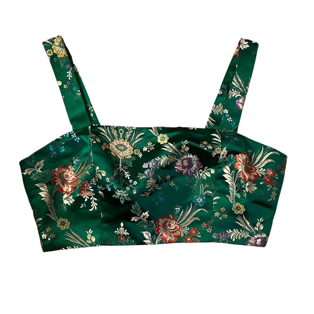 Kelly Green Oriental Print Tank Crop Blouse Top with zipper